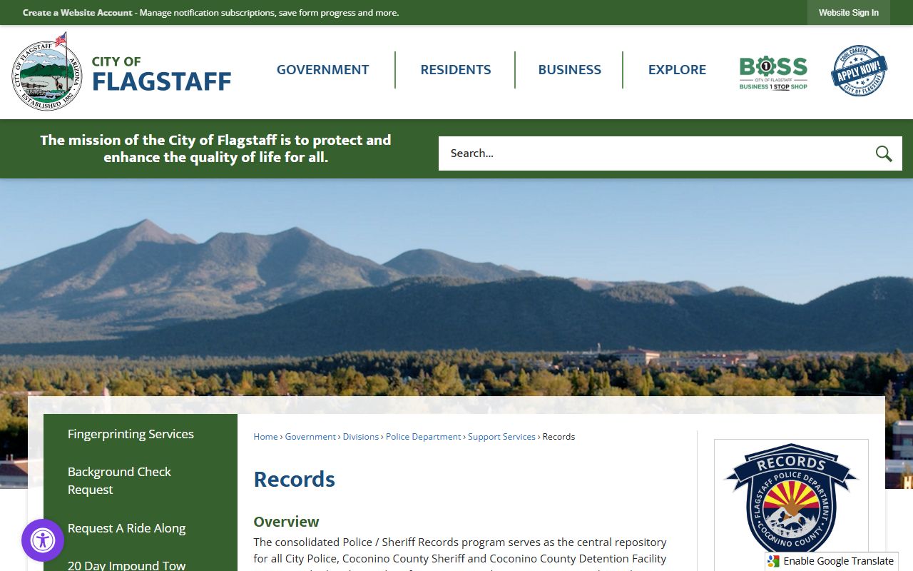 Flagstaff Police records division information page
