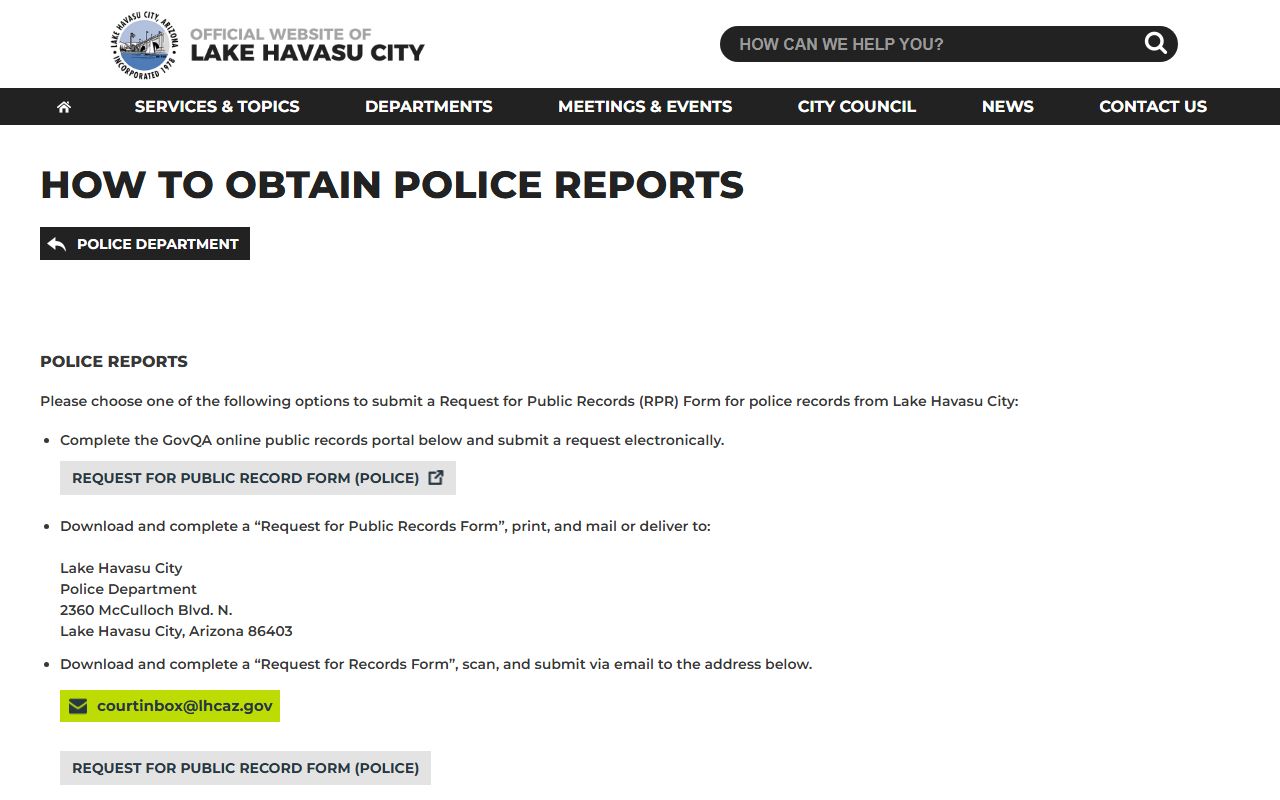 Lake Havasu City Police reports information page