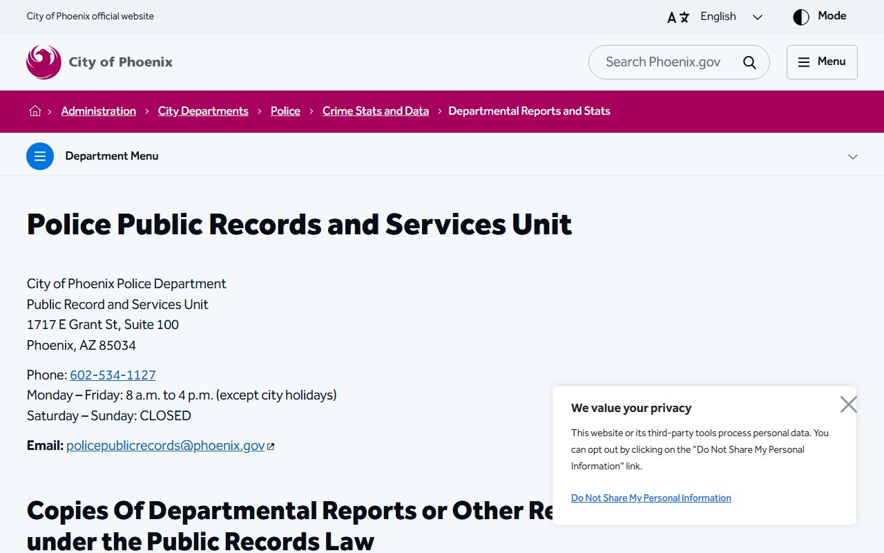 Phoenix Police crime statistics and public records page