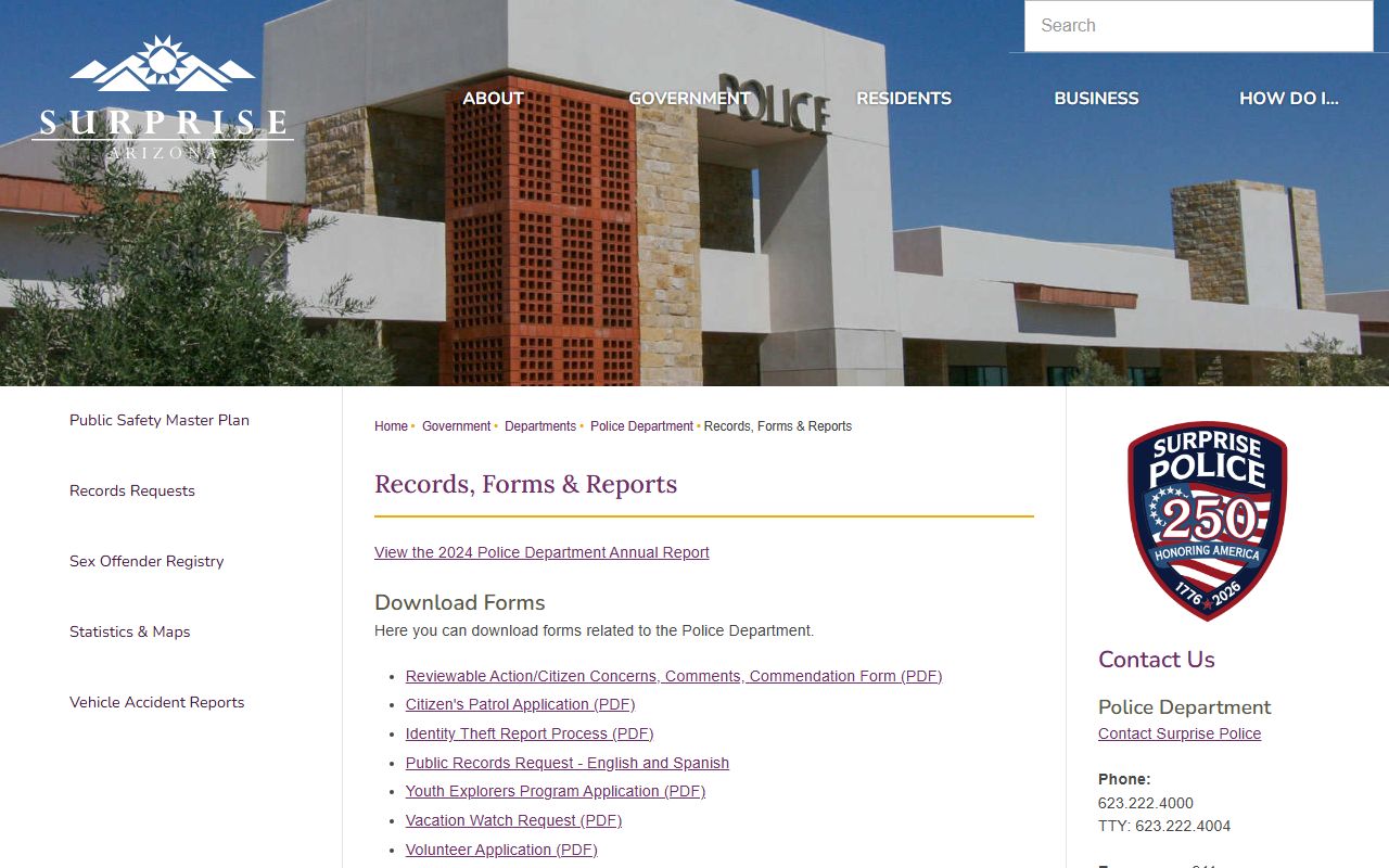Surprise Police records forms and reports page