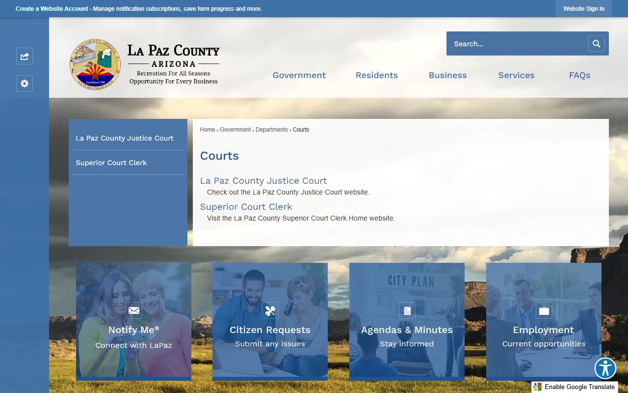 La Paz County Courts information page
