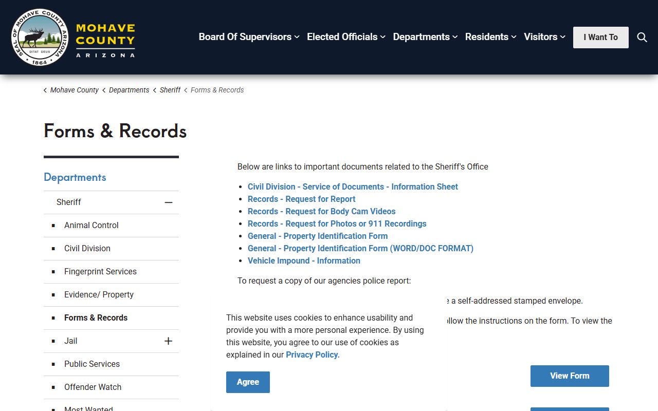 Mohave County Sheriff forms and records page
