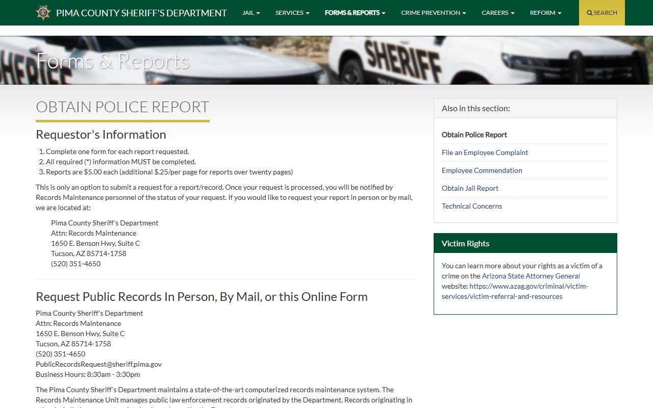 Pima County Sheriff records request page for criminal incident reports