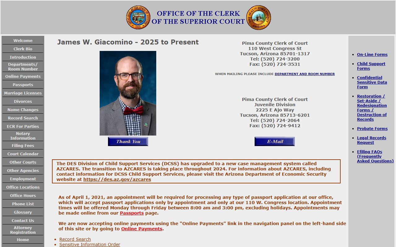 Pima County Clerk of Superior Court website for criminal case records
