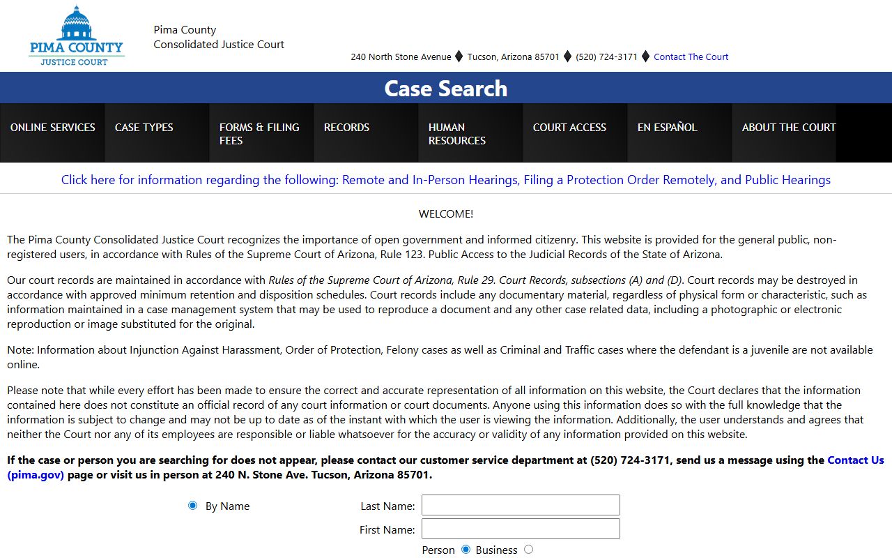 Pima County Justice Court case search portal for misdemeanor records