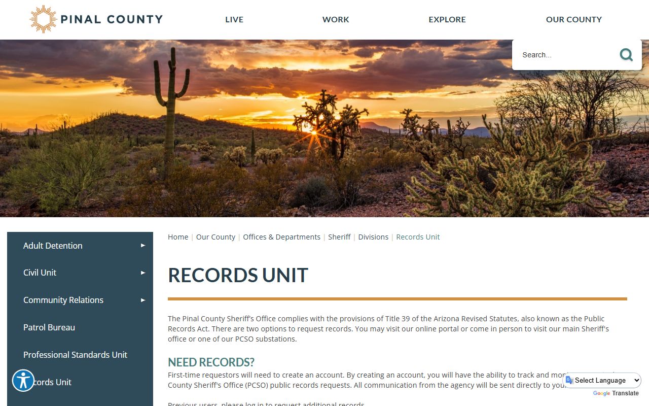 Pinal County Sheriff records unit page for criminal record requests
