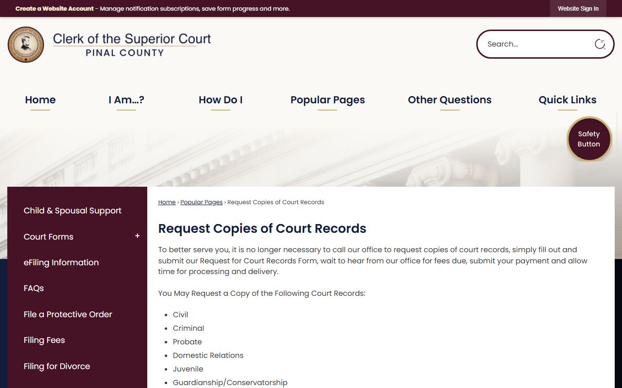 Pinal County court records request page for obtaining criminal case copies