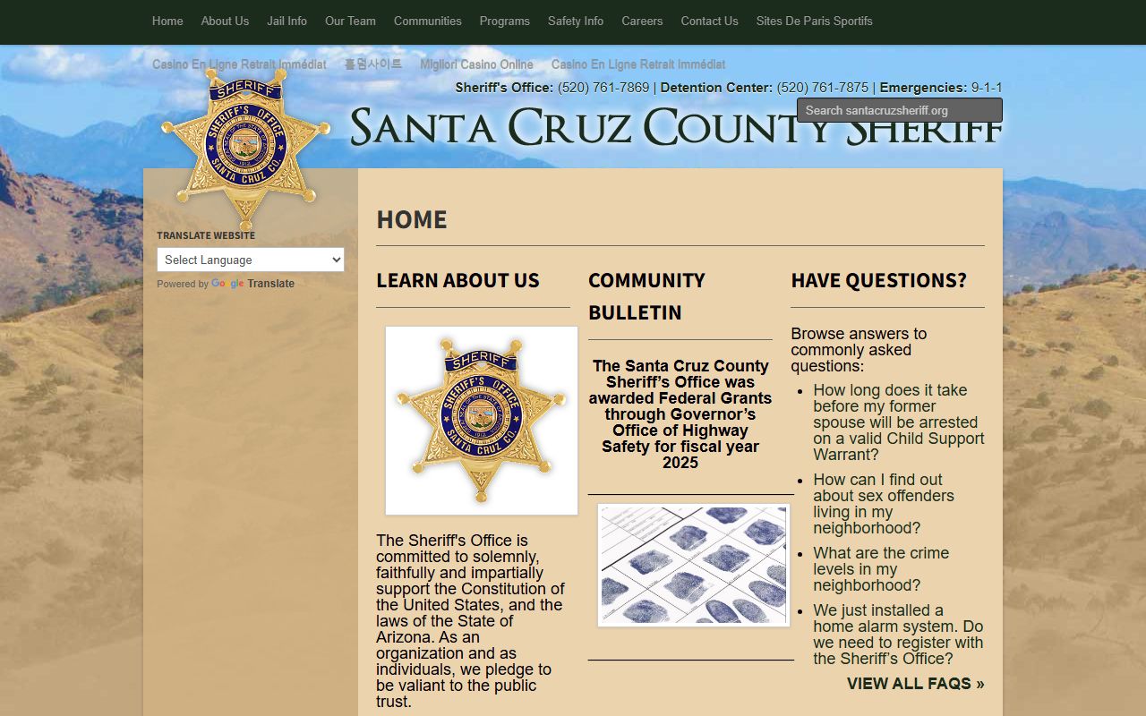 Santa Cruz County Sheriff website main page