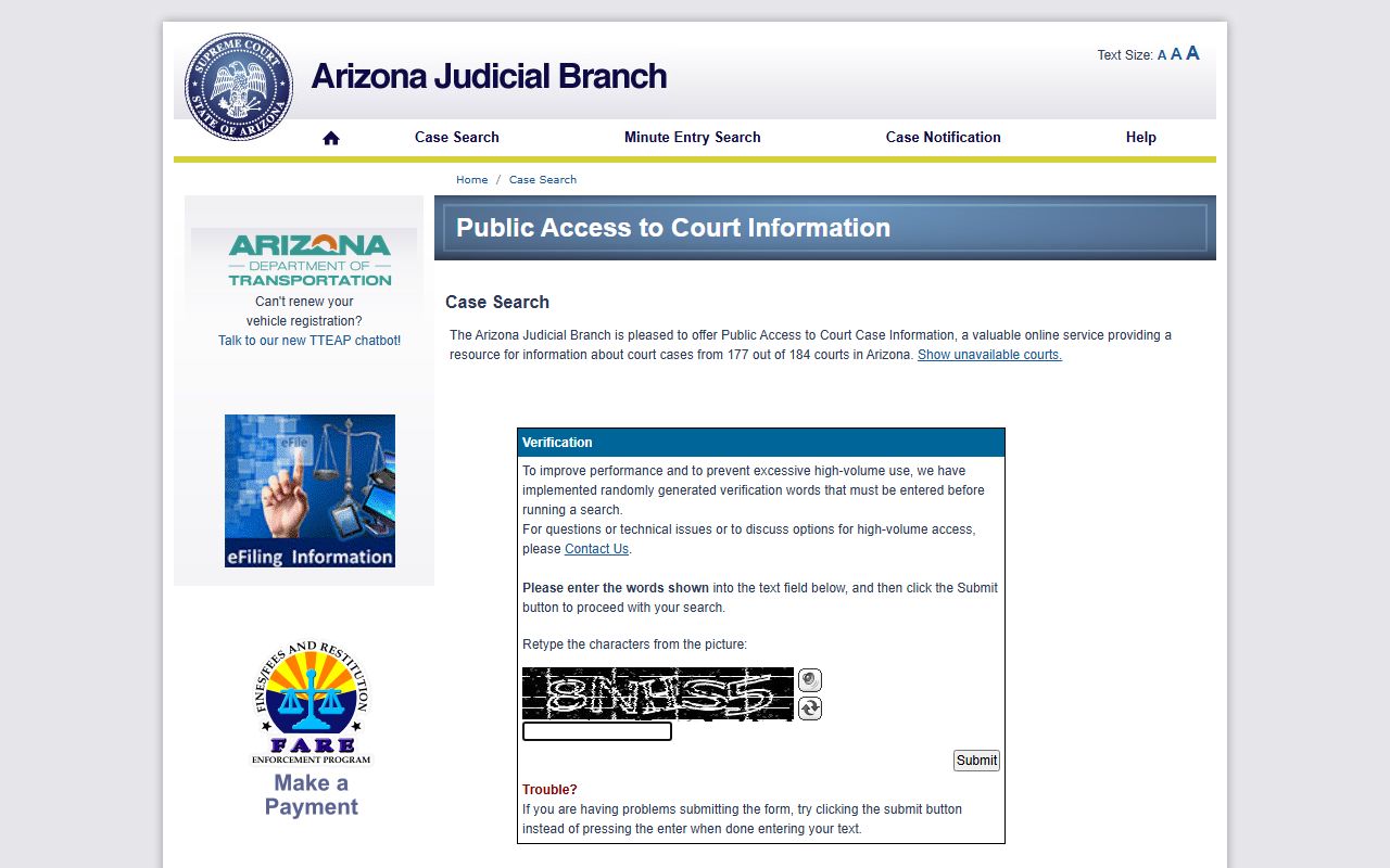 Arizona Courts public access portal for searching criminal case records statewide